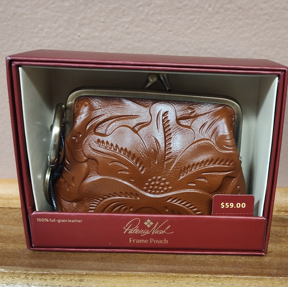 NWT! Patricia Nash Tooled Leather Borse Framed Coin Purse -  Florence Tan - Picture 2 of 3